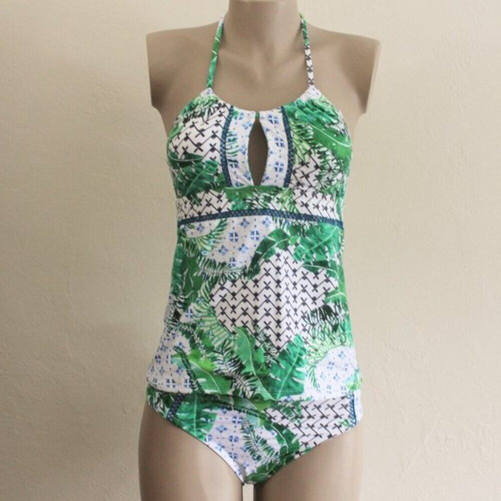 Nanette Lepore Keyhole Tankini Set Green Palm Tropical Floral Geometric Size 6